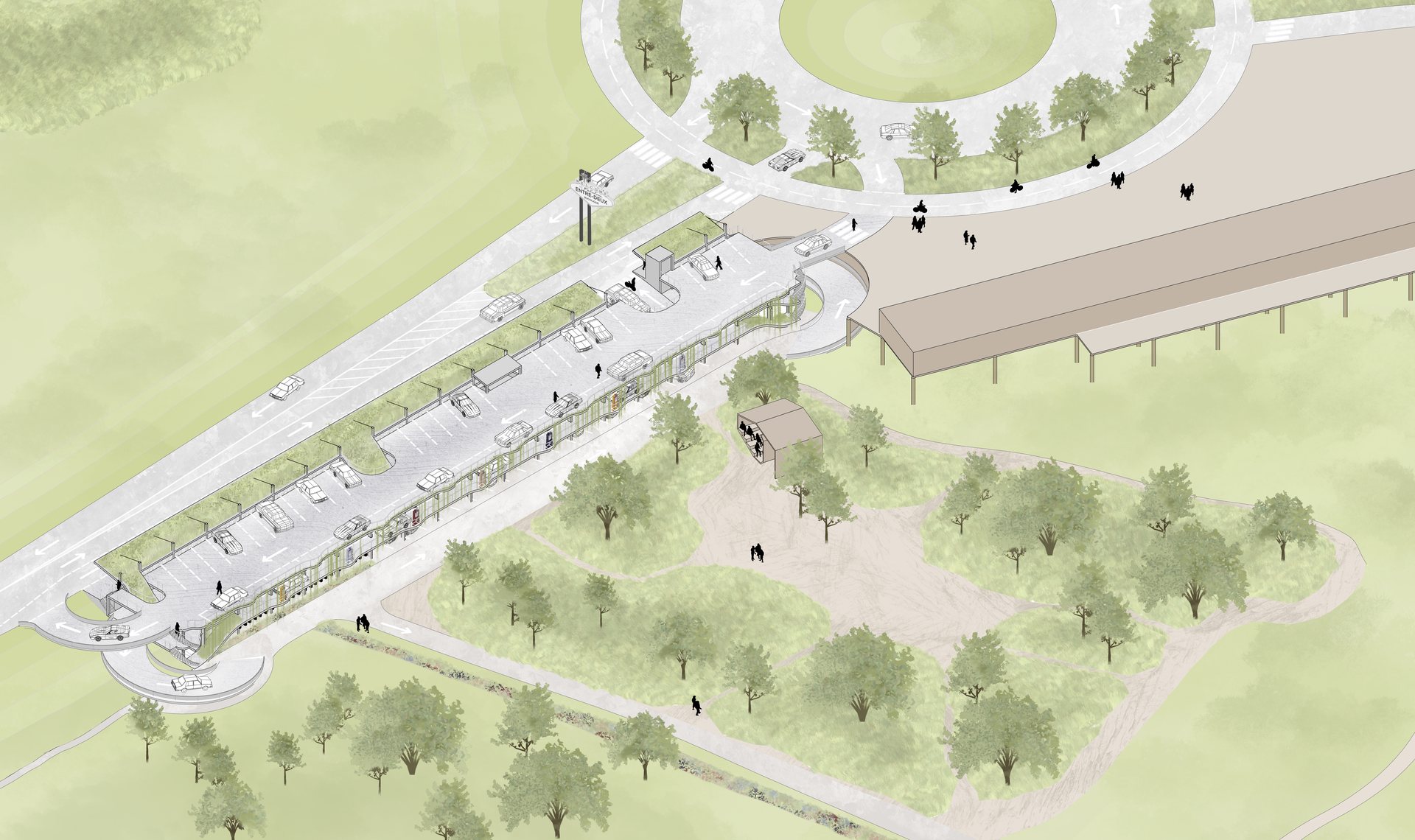 Axonométrie du stationnement sur trois niveaux
