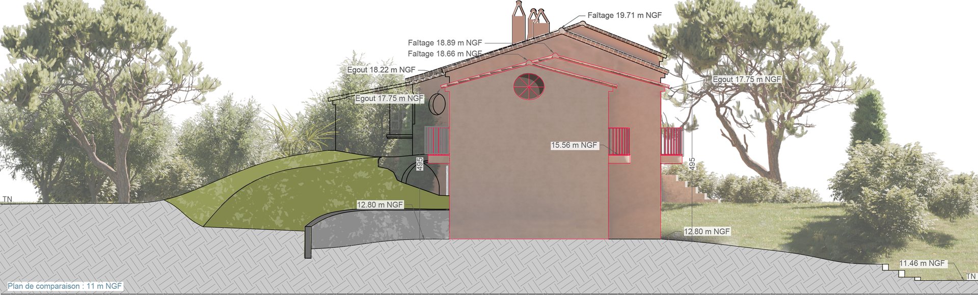 Façade est, avec l'extension